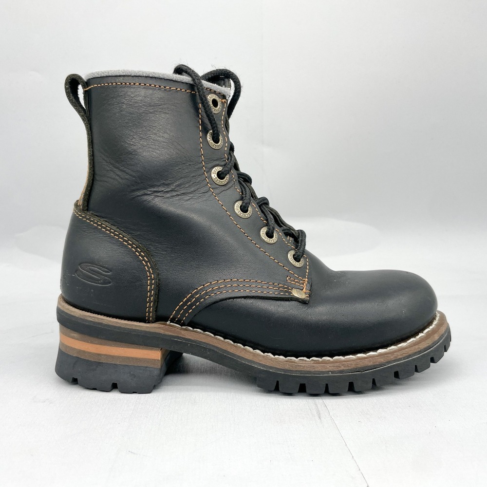 VTG Skechers Womens 7 Laramie Engineer Combat Boots Black Leather Lug 90s Y2K